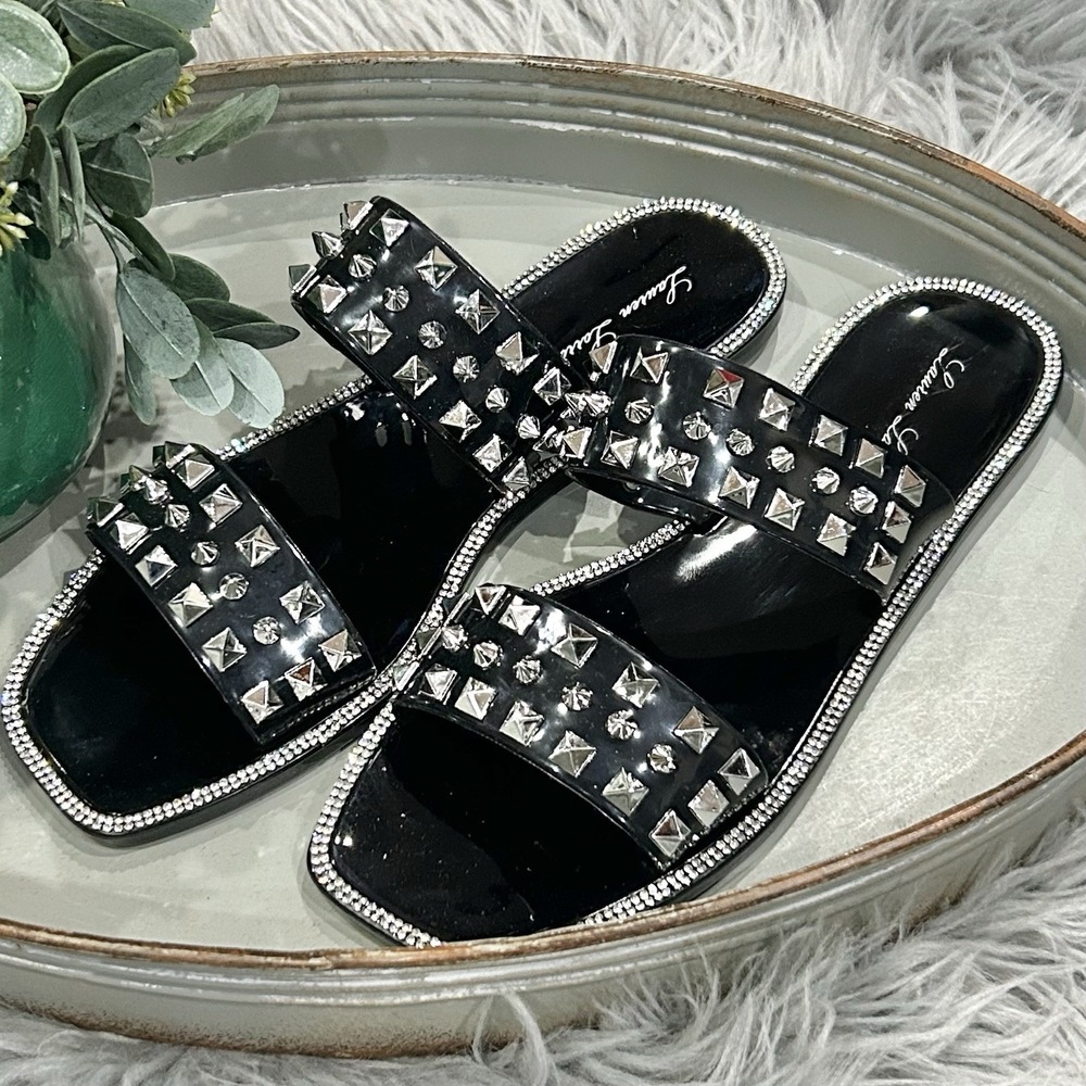 Lauren Lorraine Women's Sandal Studley‎ Black Studded Slip Square Toe Size 7 NEW